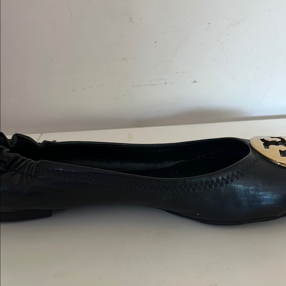 Tory Burch Black Leather Ballet Flats with Gold Logo Medallions - Picture 6 of 8